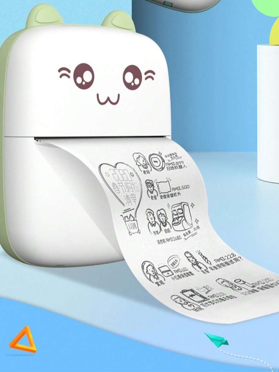 OBOVAY 1pc Cute Cat Design Mini Thermal Printer - 1200mAh Lithium-Ion Battery, Portable Pocket Photo And Label Maker, USB Charging, Inkless Printing, Includes USB Cable And Inkless Kit, Suitable For Travel, Journaling, Home Organization - Multicolor - View 1