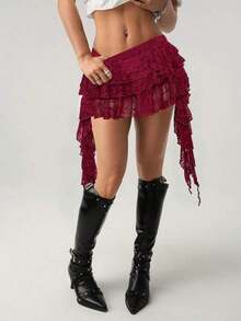 ICON Low Waist Casual Lace Wave-Trim Skirt With Safety Shorts To Prevent Exposure, For Vacation,Bohemian Clothes - 酒紅色 - 查看 2