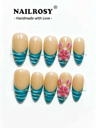 nailrosy 10 móng giả acrylic thủ công hình hoa 3D ép nhiệt, dáng ngắn, hình hạnh nhân, màu trong suốt, thích hợp cho đám cưới, tiệc sinh nhật, phong cách Y2K, kiểu móng tay Pháp dễ thương.