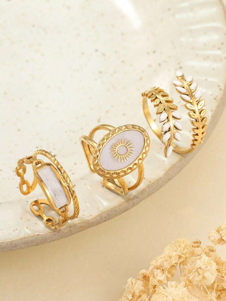 3件套不锈钢金色太阳、白色油滴、眼睛、麦穗形开口戒指套装,适合女性日常佩戴或作为礼物。 - 金黃色 - 查看 1