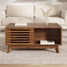 Retro-Modern Coffee Table, Height-Adjustable Top, Sliding Louvered Door, Walnut Finish, MDF Structure, Multifunctional Living Room Table - Walnut - View 3