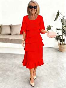Women's Spring Summer Fashion Tiered Ruffle Crewneck Loose Fit Flowy A-Line Midi Dress Elegant Swing Dress For Daily Beach Vacation Date Night - 紅色 - 查看 1