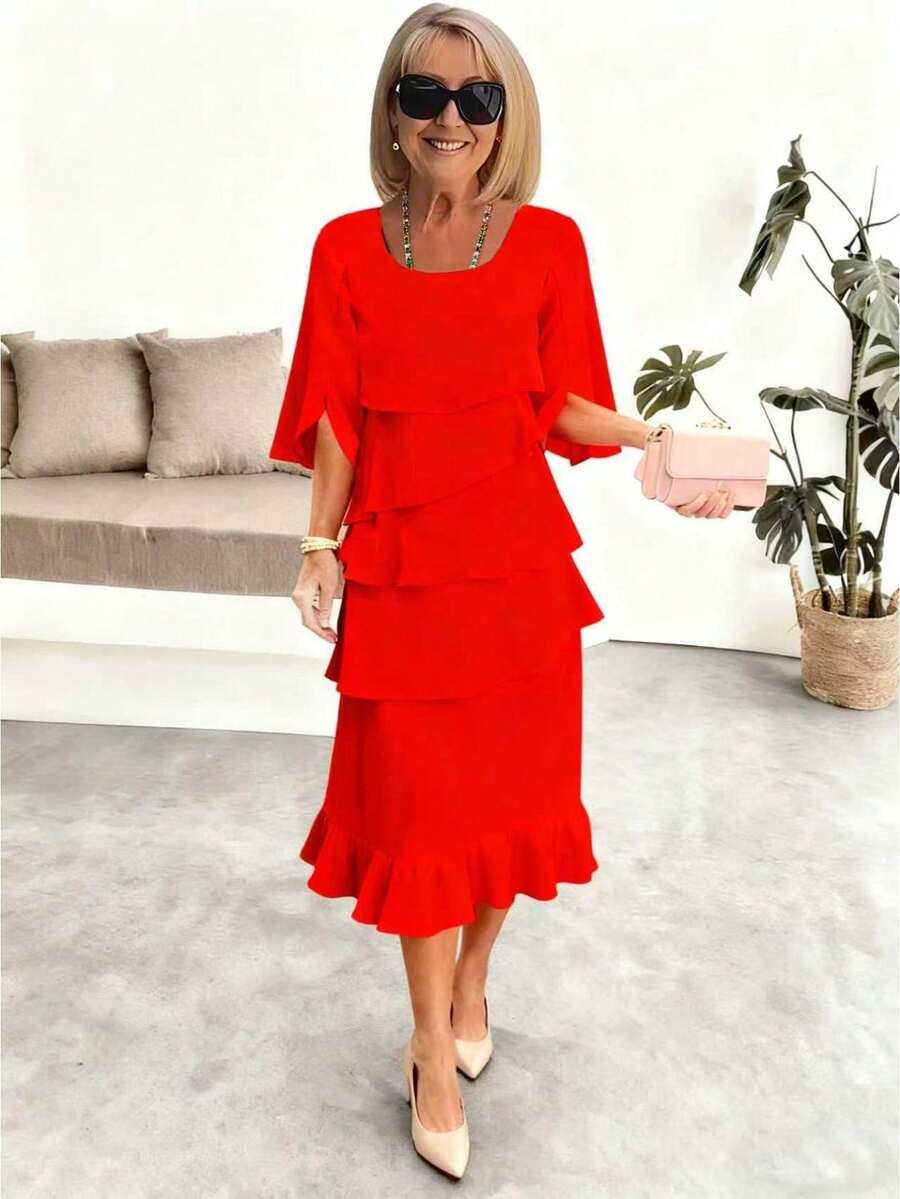 Women's Spring Summer Fashion Tiered Ruffle Crewneck Loose Fit Flowy A-Line Midi Dress Elegant Swing Dress For Daily Beach Vacation Date Night - 紅色 - 查看 1