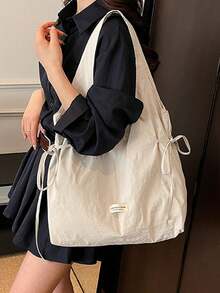 Dedoo Polka Dot Canvas Tote Bag, Large Capacity Foldable Shoulder Bag, Suitable For Students, Ruched Cloud Drawstring Design - White - View 6