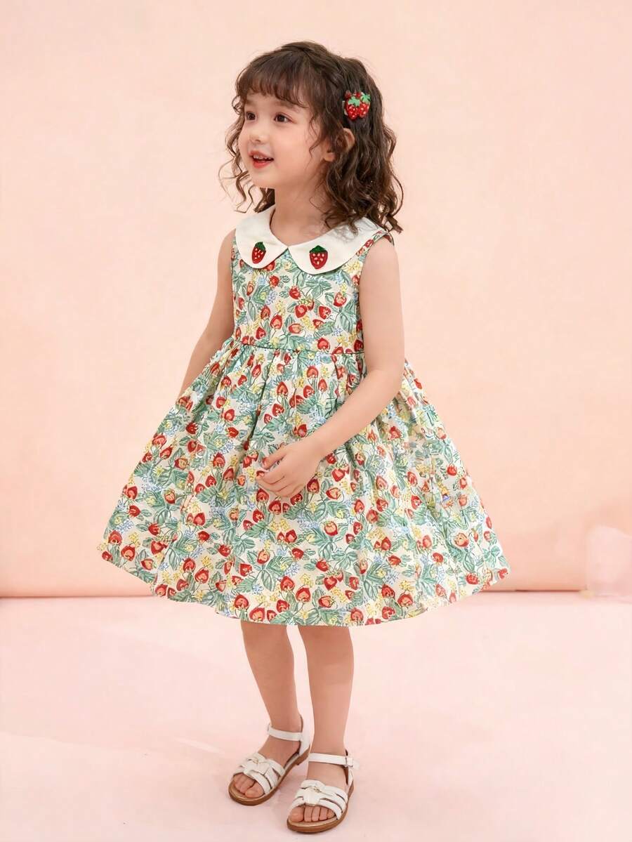 Đầm hè không tay in hình dâu tây mới cho bé gái, đầm dễ thương cho bé gái, quần áo trẻ em gái. - Màu xanh Bạc hà - Xem 1