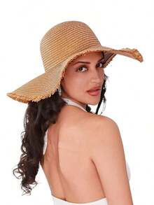 1pc Grass Banding Women Bow Decor Wide Brim Straw Hat Beach Valentine's Day Multicolor Wide Brim Hat Women Beach Travel Hiking Elegant Bow Valentine's Day - 卡其色 - 查看 9