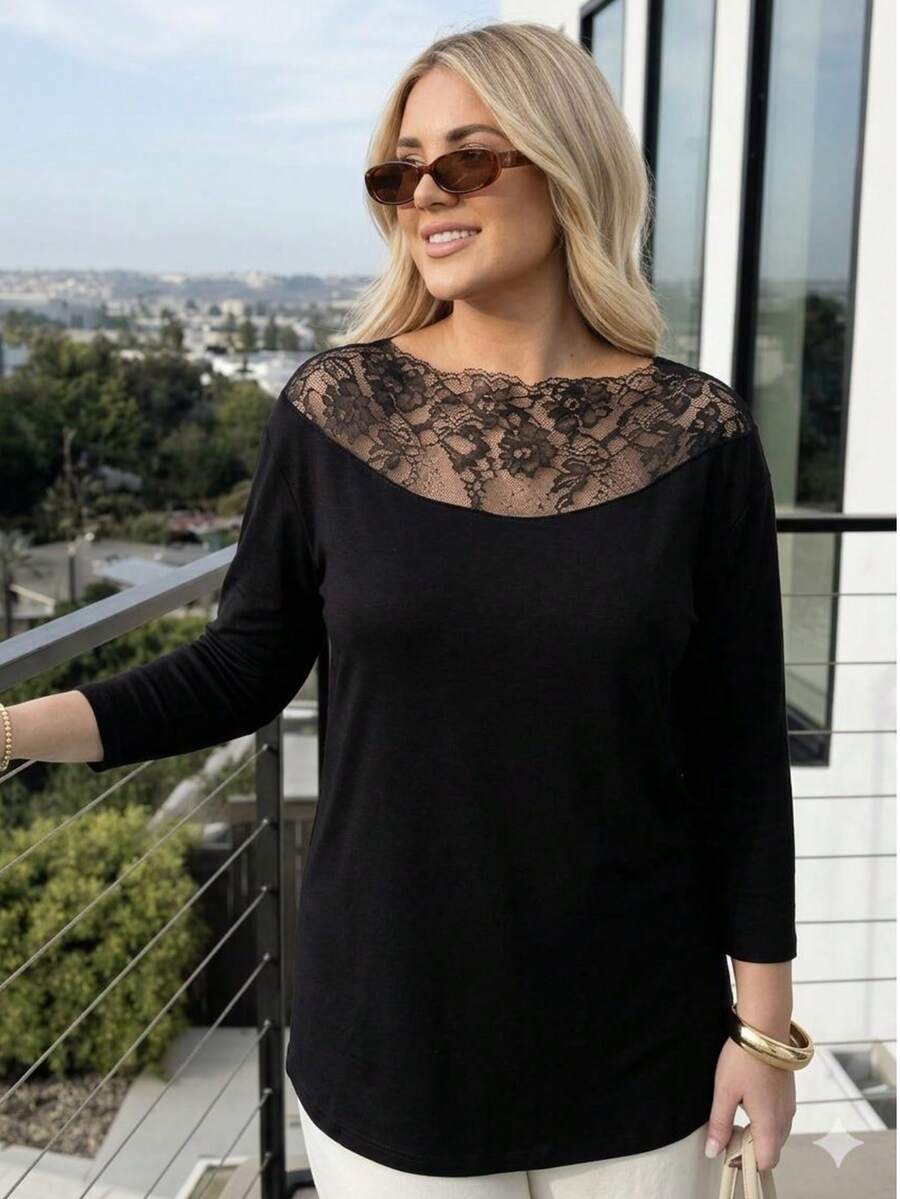 Damen Bluse mit Spitzendetails am Kragen und Trompetenärmeln 2031-26 - Schwarz - Übersicht 1