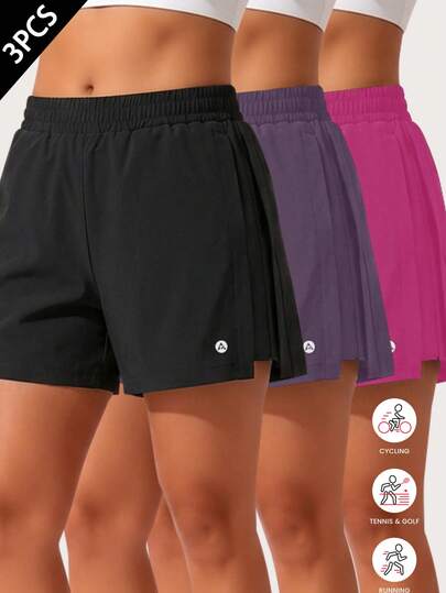 3条装女士高弹速干运动短裤，带口袋，透气舒适，适合跑步、瑜伽、健身