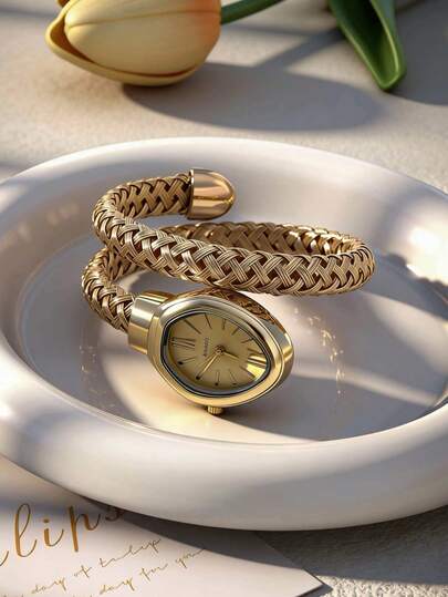 1pc Vintage Braided Wrap Bangle Watch For Women, Elegant Oval Dial Roman Numeral Quartz Wristwatch, Fashion Gold Tone Cuff Bracelet Watch For Daily Wear, Party, Best Gift For Her
