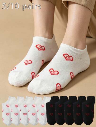 5/10 Pairs Women's Socks, Black, White, Red Heart Design, Thin Ankle Socks, Fashion Versatile, Summer, Affordable
