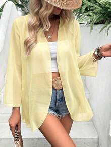 EARO Vacation Casual Solid Color Flare Sleeve Sheer Lightweight Jacket - Light Yellow - View 1