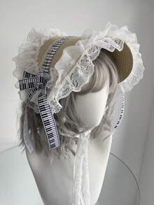 1顶女士音符洛丽塔风格帽子，哥特复古洛丽塔黑白钢琴键音乐丝带图案可爱少女多层蕾丝帽檐遮阳帽 - 彩色 - 查看 12