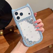 Ốp điện thoại hình tai mèo viền xanh đính đá lấp lánh, tương thích với iPhone 17 Pro Max, 17 inch, 16 Pro Max/15 Pro Max, ốp bảo vệ điện thoại sang trọng, thanh lịch, tương thích với iPhone 14/13. - Màu xanh lam - Xem 5