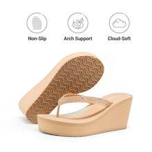 Women Wedge Flip Flops Platform Thong Sandals Summer Vacation Rhinestones Arch Support Comfortable Soft Cushion EVA Wedge Sandals - Apricot - View 6