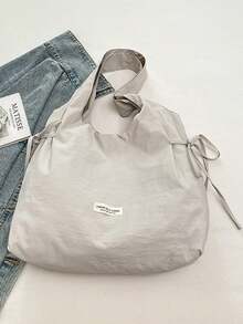 Dedoo Polka Dot Canvas Tote Bag, Large Capacity Foldable Shoulder Bag, Suitable For Students, Ruched Cloud Drawstring Design - White - View 5