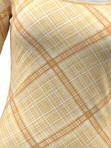 Retro American Style Mesh Plaid Square Collar Cropped Short Sleeve Top, Slim Fit & Sexy For Summer Spring - Khaki - View 9