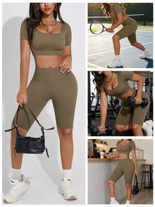 2 Stück Damen Elastische Gestreifte Sportbekleidung Set, Top mit Quadratausschnitt und Shorts mit hoher Taille, geeignet für Fitness-Aktivitäten - Olivgrün - Übersicht 3