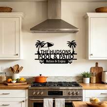 Personalized Pool And Patio Sign, Custom Family Name Metal Wall Art With Palm Tree And Surfboard Design, Outdoor Decor For Backyard And Garden, Backyard Oasis - Black - View 5