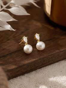 14k Gold Plated CZ Pearl Bridal Earrings, Low Allergy Gold Plated Earrings, Elegant Wedding Bride Pearl Jewelry For Women - 金色 - 查看 8