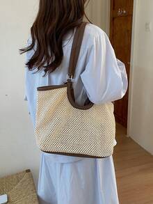 26 Styles Spring Korean 2 Pieces Woven Shoulder Bags, Cotton Rope Straw Braid Large Capacity Casual Minimalist - Brown - View 5