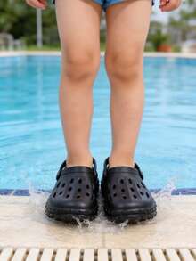 Summer New Style Girls' Anti-Slip Comfortable Seaside Vacation Beach Children's Holey Shoes With Silent EVA Soft Sole And Breathable Children's Foam Slippers. Outdoor Street Casual Two-Way Wear Thick-Bottom Stylish Colorful Boys' Sandals. - 黑色 - 查看 2