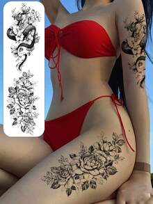 2pcs Black Dragon & Rose Flower Temporary Tattoo Stickers, Waterproof Realistic Tattoo Decals For Women's Arms, Legs, Suitable For Parties, Music Festivals - Black - View 7