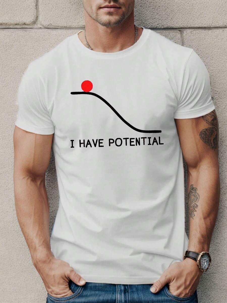 2026 New Men's T-Shirt, Plus Size Men's T-Shirt, Plus Size T-Shirt, T Shirt Print, Graphic-Cotton Tees Size Plus, I Have Potential" Men's Casual Short-Sleeve T-Shirt - Breathable Fiber, Geometric Pattern, Round Neck - Perfect Choice For Summer Graphic Tees, Funny T Shirt, Oversized T Shirt - 白色 - 查看 1