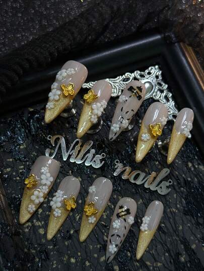 10pcs Stiletto Acrylic Nail Kit, Mustard Yellow Nails, Mustard Yellow French Nails, Hand Drawn Bee Patterns&Bee Patterns, 3D White Five Petal Flowers&Golden Butterflies And Other Nail Accessories, Featuring The Theme Of "Spring Flower Sea&Bees".