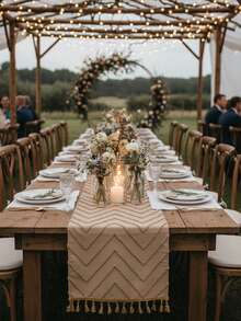 1pc Bohemian Decorative Table Runner, Featuring 3D Wavy Texture Design, Suitable For Wedding, Party, Dining Table And Living Room, Khaki Color With Handmade Tassel Decor - Khaki - View 6