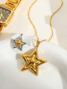 1pc Fashionable Minimalist Stainless Steel 18K Gold Star Necklace, Suitable For Men And Women, Daily Wear Or Gift - Star - View 2