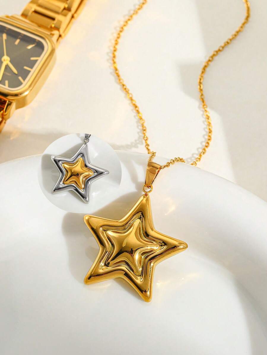 1pc Fashionable Minimalist Stainless Steel 18K Gold Star Necklace, Suitable For Men And Women, Daily Wear Or Gift