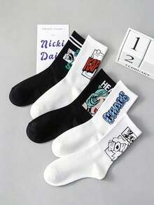 5 Pairs Unisex Retro Cartoon Striped Pattern Soft & Comfortable High Elasticity Versatile Casual Mid-Calf Socks, Suitable For Daily Wear, Gifting, And Styling - Multicolor - View 6
