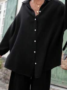 Blouse ample et mi-longue à manches bouffantes pour femmes grandes tailles, couleur unie, convient comme robe, cardigan ou chemise pour la Saint-Valentin en noir - Noir - Voir 1