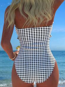 Nuevo traje de baño de una pieza elegante y sexy con rayas, encaje, volantes, lazo en el busto y tirantes desmontables para playa, fiesta en la piscina, vacaciones de verano - Blanco y Negro - Ver 2