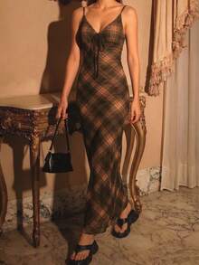 女士休闲卡其色格子无袖中长连衣裙，春夏款 - 咖啡棕 - 查看 5