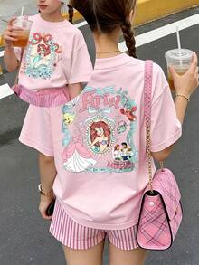 Ariel Disney Princess Disney Cute Print Summer Tops,Disney Kids,Graphic Tee,Perfect For Cute Girls. Teen Girl Gift,Tween Summer Clothes,Comfortable And Breathable Children's Short-Sleeved T-Shirt. Suitable For Both Boys And Girls.Suitable For Daily Wear, Vacations, Outdoor Activities, And As A Children's Gift. - Hồng - Xem 1
