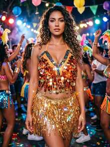 Carnival 2 Pieces Outfit Set - Sequin Fringe Coin Embellished Bra Top & Hip Wrap For Festival, Rave & Parade Wear (Available In Multiple Colors) - Multicolor - View 3