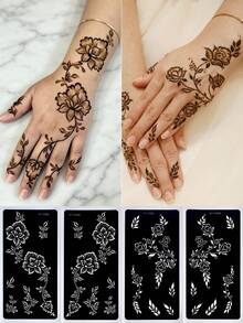 4 Sheets Floral Temporary Tattoo Stencils For Women | Self-Adhesive, Reusable, Flower Designs, Left And Right Hands Kit, Glitter And Ink Body Paint, DIY Tattoo Templates For Body Makeup, Mehndi Designs - Black - View 2