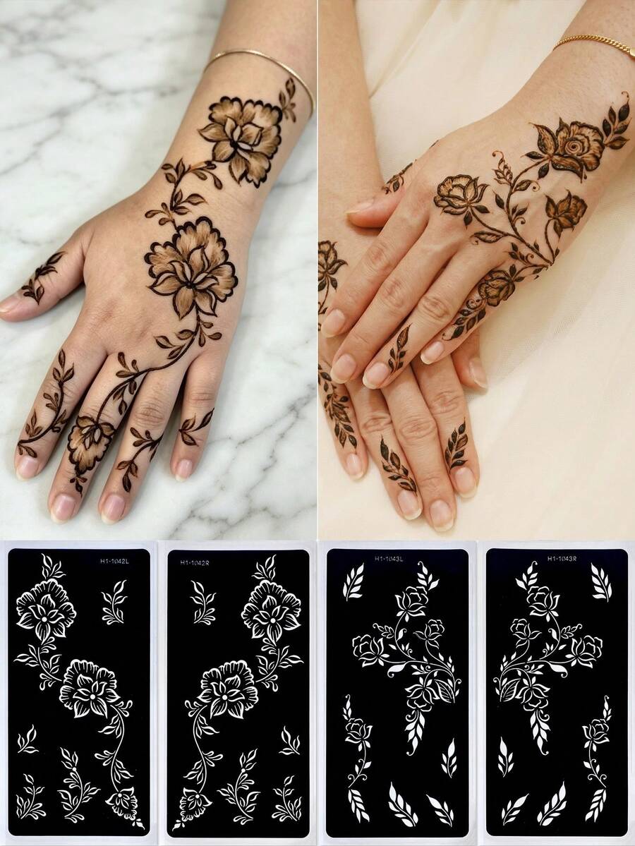 4 Sheets Floral Temporary Tattoo Stencils For Women | Self-Adhesive, Reusable, Flower Designs, Left And Right Hands Kit, Glitter And Ink Body Paint, DIY Tattoo Templates For Body Makeup, Mehndi Designs