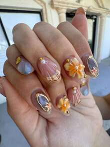 24片短款椭圆形3D美甲假指甲，饰有花朵珍珠，法式美甲贴纸，短款完美贴合，包含1瓶凝胶胶水和1个指甲锉，适合女性日常工作、节日派对等场合。 - 彩色 - 查看 6