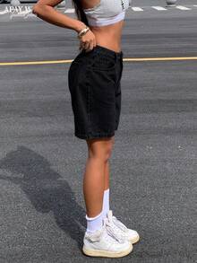 Women's Solid Color Bermuda Denim Shorts Casual Black Summer - Black - View 4