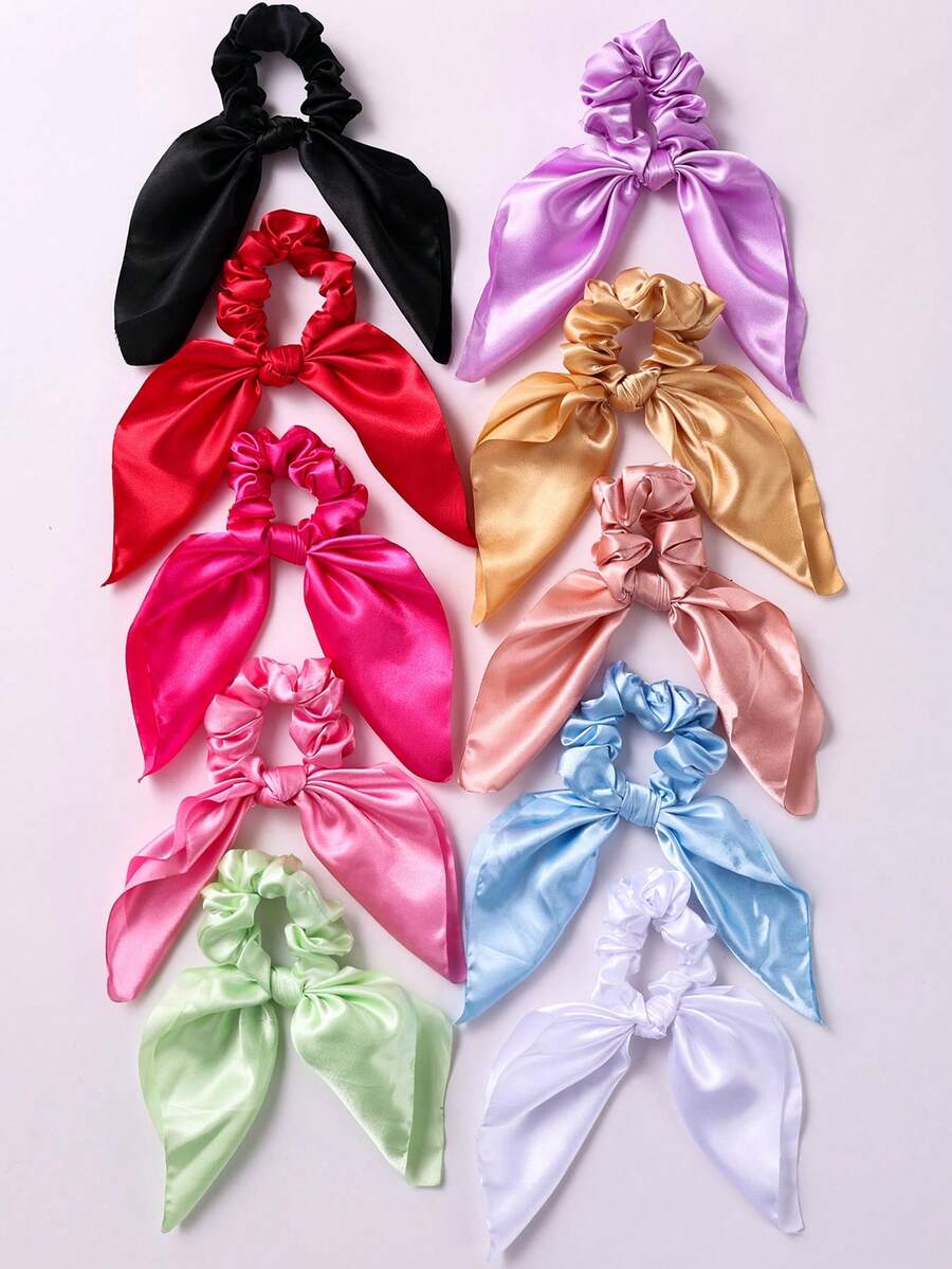1/10 Piezas Scrunchies de satén de colores para el cabello de niñas, lazos de pelo con moños, lazos de seda anudados, cinta de pelo de satén, elástico para cola de caballo, accesorio de cabello para uso diario - Multicolor - Ver 1