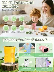 Microscopio digital para niños con pantalla IPS de 2.0", 1000X de aumento, microscopio portátil de bolsillo con 8 luces LED y brillo ajustable, recargable por USB tipo C con batería de 600mAh, función de toma y almacenamiento de fotos en tiempo real, compatible con computadora, juguete educativo STEM para exploración y aprendizaje científico, microscopio mini para niños - Multicolor - Ver 7