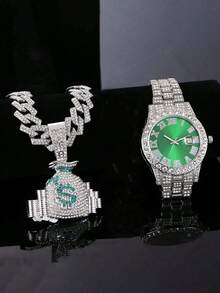 一套镶钻钱袋吊坠，15毫米菱形链项链，手链，绿色表盘手表，嘻哈风格男士配饰套装 - 綠色 - 查看 8