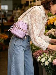 Túi xách mini hình thoi màu trơn thời trang bằng da PU, kiểu dáng xô, có dây rút, thích hợp cho công sở, đeo vai thanh lịch dành cho nữ. - trắng - Xem 1