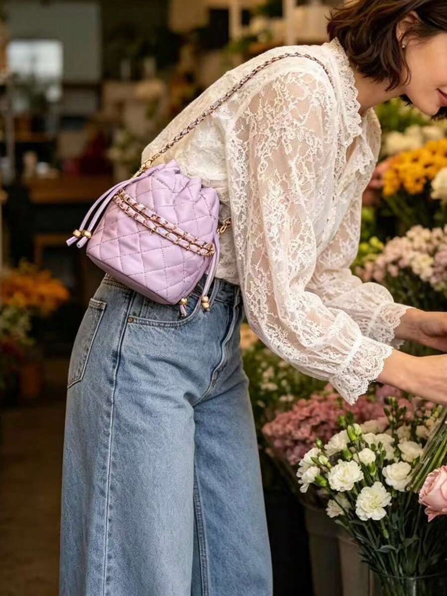 Túi xách mini hình thoi màu trơn thời trang bằng da PU, kiểu dáng xô, có dây rút, thích hợp cho công sở, đeo vai thanh lịch dành cho nữ. - trắng - Xem 1