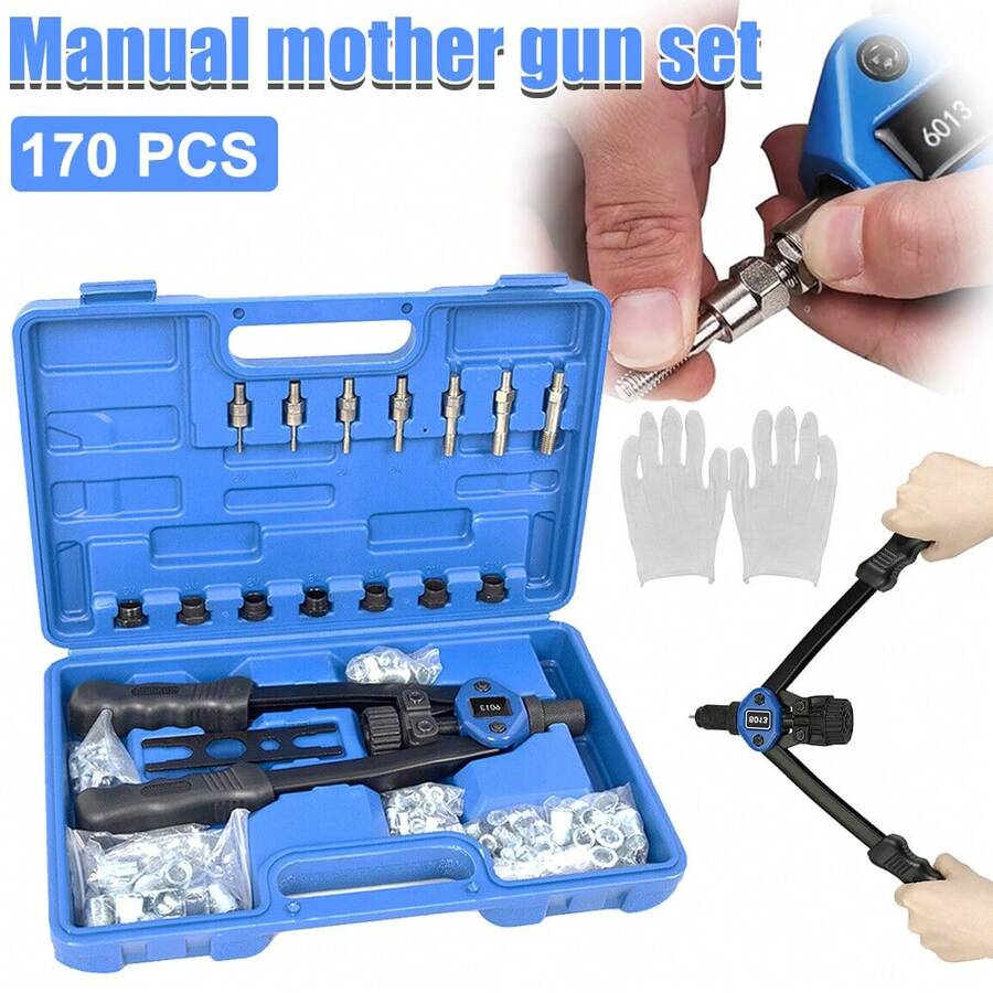Rivet Gun Set, Rivnut Tool Kit, Heavy Duty Hand Riveter With M3-M12  Metric Mandrels,  Nuts And Rivets, Pop Rivet Gun Set With  Storage Case - Blue - View 1