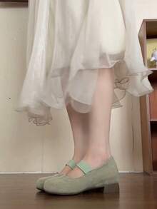 Women's Elastic Round Toe Low Heel Mary Jane Shoes, Solid Mint Green/Beige Minimalist Style, Comfortable Shock-Absorbing Thick Heel Shoes, Suitable For Daily Commute, Spring/Autumn Dating And Party Outfits - Mint Green - View 5