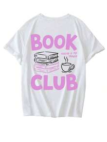 Summer New Simple Fashion INS Literary Healing Black & Red Contrast Book Pile Print Casual Round Neck White Short Sleeve T-Shirt, Fashionable & Versatile Women Top-Skin-Friendly-Skin-Friendly - 白色 2 - 查看 4
