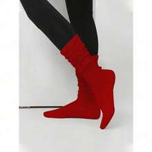 1Pair Women's Slouchy Crew Socks, Fall Winter, Thick, Slouch, Red, Soft And Comfortable, Mother's Day Moisture-Wicking, Fashion Daily Wear, Cross Fit Sock, Red School Sock, Christmas - Red - View 3